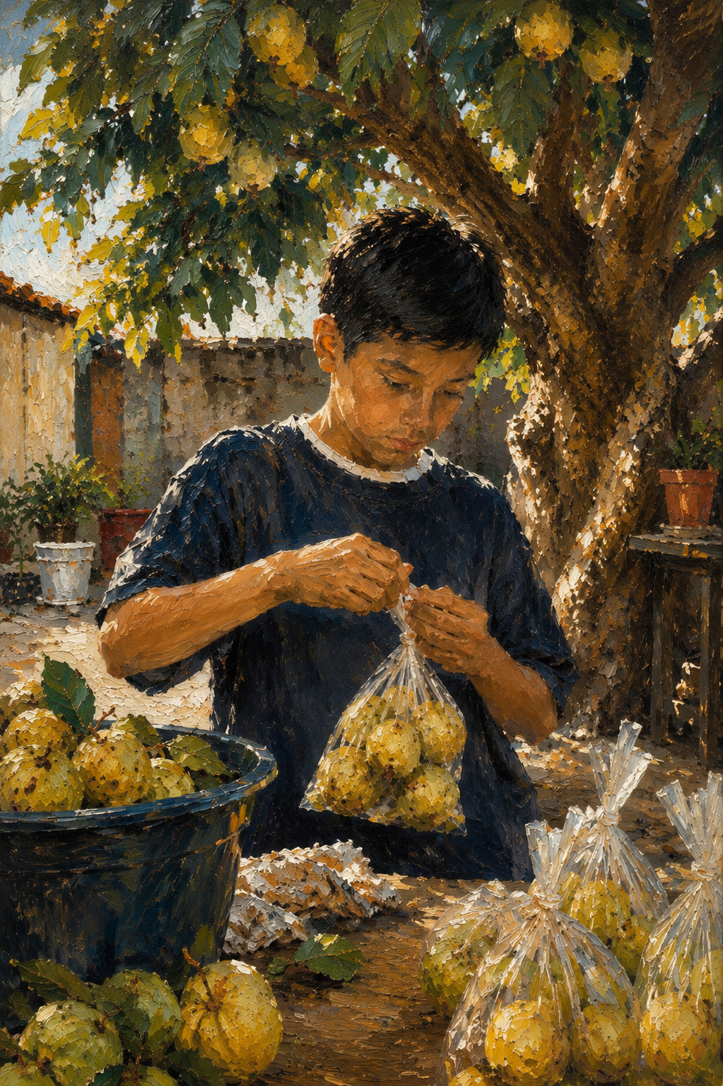 Recreación documental de Alán preparando bolsas de guayabas durante su infancia