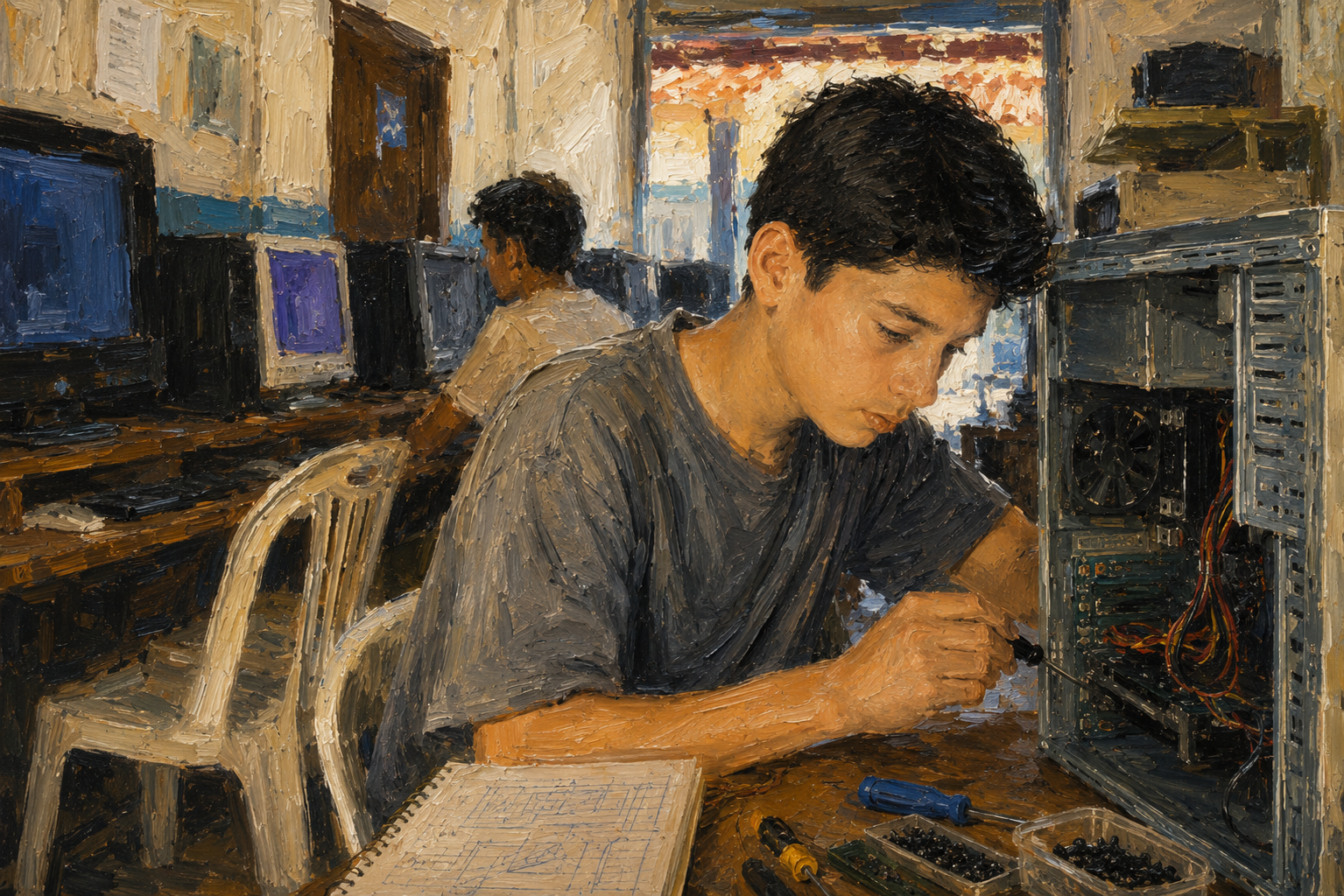 Recreación documental de Alán reparando computadoras durante su adolescencia
